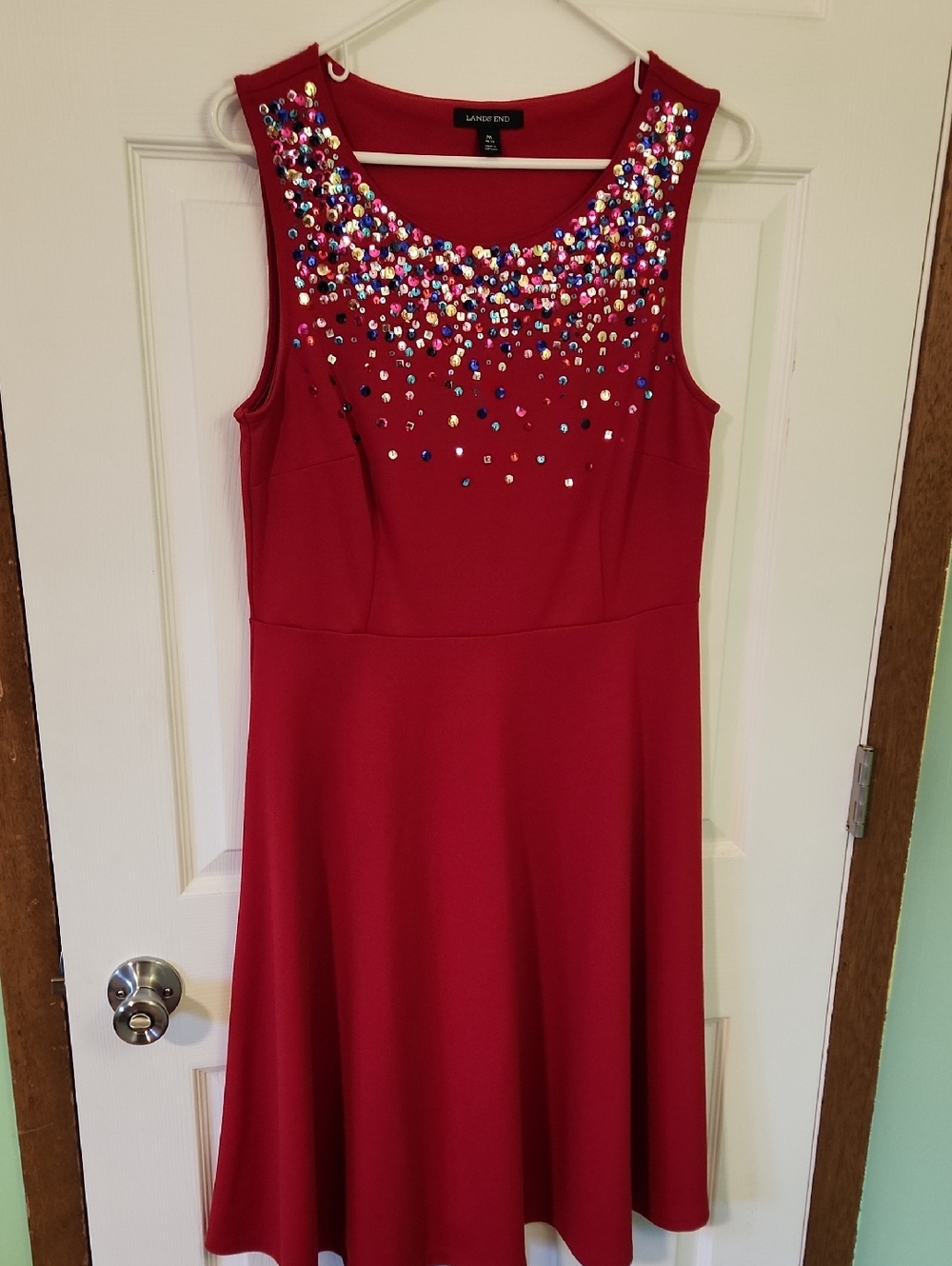 Lands' End Red Sleeveless Fit-and-Flare Dress with Multicolor Sequin Neckline